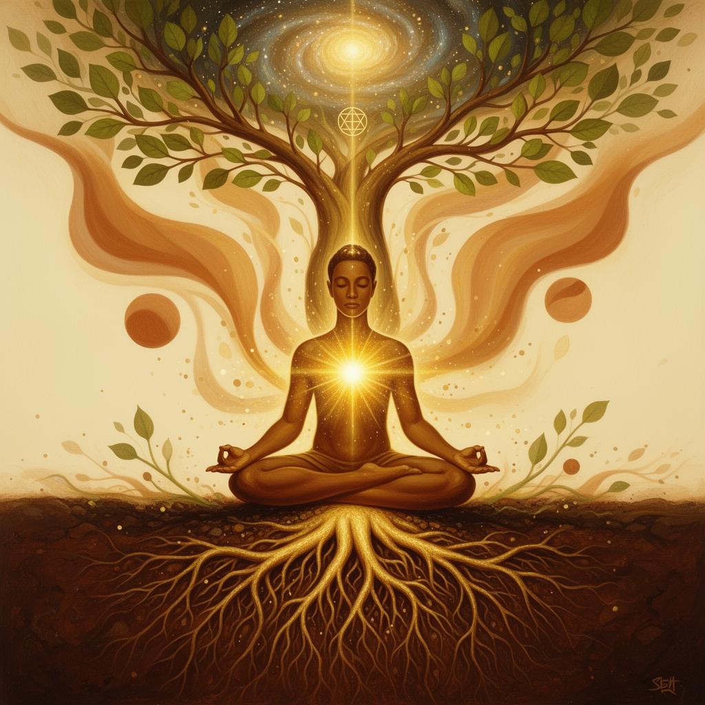 Raíces del Ser — figura humana con corazón luminoso y raíces doradas conectando con la naturaleza